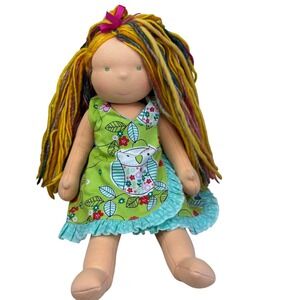 Handmade Waldorf Weighted Posable Cloth Doll 17" Rainbow Hair Green Eyes